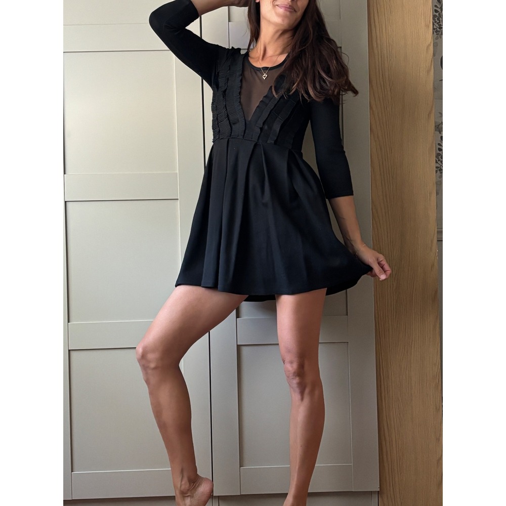 HM Black Sheer Mesh Ruffle Pleated Fit Flare Mini Dress Whimsygoth Fairy sz2